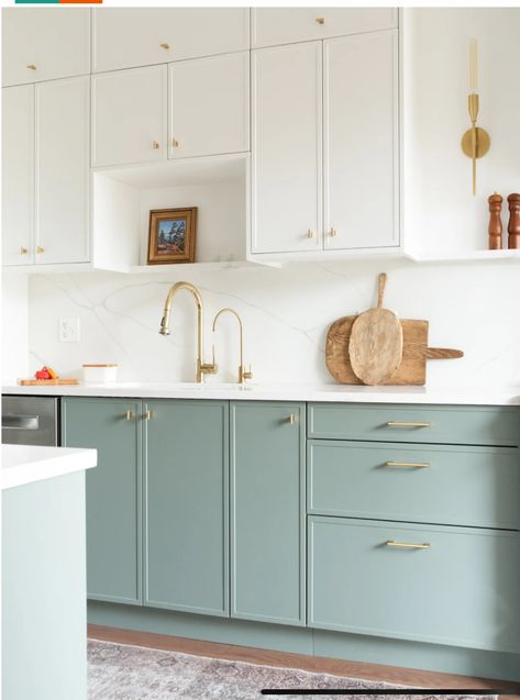 Cabinets Up To Ceiling, Turquoise Kitchen Cabinets, Ikea Kitchen Storage, Ikea Kitchen Planner, Two Tone Cabinets, Custom Cabinet Doors, Upper Kitchen Cabinets, Sarah Sherman, Turquoise Kitchen