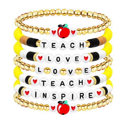 PRICES MAY VARY. Variety of Stylish Designs: Our teacher bracelet collection features a diverse array of designs including pencils, apples, and Love Teach Inspire Letter bracelet for teacher, providing a charming and fashionable way to express gratitude. Flexible Stackability: These teacher bracelets for women offer easy wear and stack beautifully on the wrist, allowing teachers to mix and match or layer with other jewelry pieces for a personalized look. Meaningful Sentiment: Perfect for showing Teacher Jewelry Gifts, Bracelet Clay Bead, Bracelet Clay, Pencil Apple, Teacher Bracelet, Teacher Jewelry, Apple Teacher, Express Gratitude, Gifts Teacher