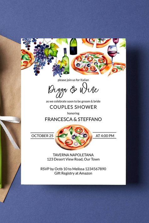 Pizza and wine Italian themed couples shower template invitation instant download pizza wine bottle Wine Party Invitations, Pizza And Wine, Italian Party, Wedding Shower Themes, Pizza And Beer, Couples Bridal Shower, Couple Wedding Shower, Template Invitation, Personalized Party Decor