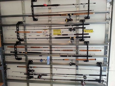 Fishing Pole Storage Ideas, Multipurpose Garage, Garage Door Storage, Fishing Rod Carrier, Fishing Pole Storage, Fishing Outfit, Kayak Storage Rack, Garage Door Panels, Sports Storage