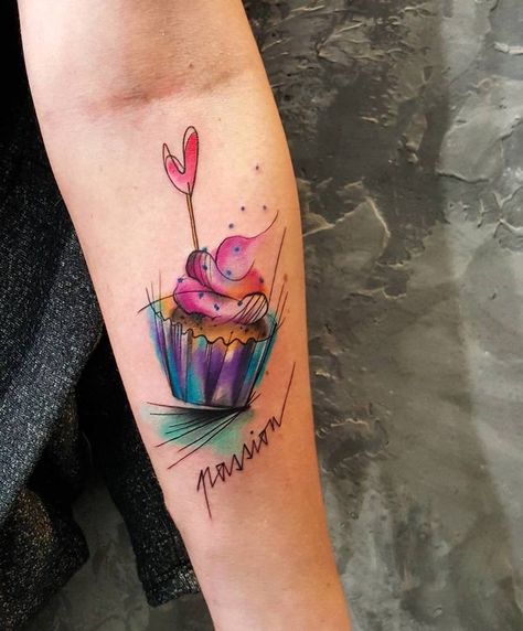 Cupcake and Word Tattoo by Simona Blanar Cupcake Tattoo Designs, Baking Tattoo, Baker Tattoo, Cupcake Tattoo, Culinary Tattoos, Cupcake Tattoos, Food Tattoos, Tattoo Henna, Theme Tattoo