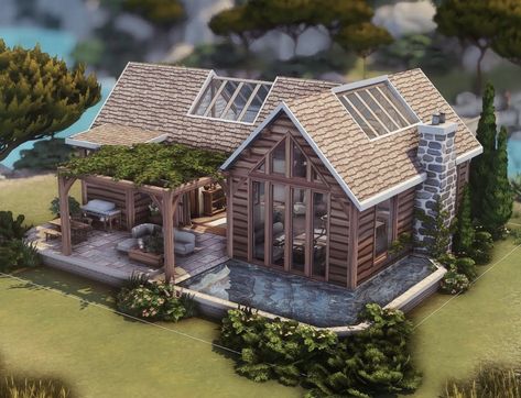 Sims 1 Story House, Sims Lake House, Sims 4 Rustic House, Sims Town Layout, Sims House Ideas Exterior, Sims4 Cottage House, Bloxburg House Aesthetic, Sims4 Houses Ideas, Cute Sims 4 Houses