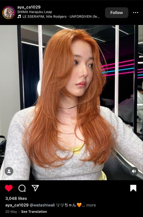 light copper orange hair color on asian skin Asian Copper Hair Color, Hair Colour Orange Brown, Milk Tea Copper Hair, Orange Hair Cool Skin Tone, Yellow Tone Skin Hair Color, Cool Toned Orange Hair, Copper Skunk Stripe Hair, Korean Ginger Hair, Hair Color Ideas Light Skin