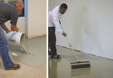 How to Level a Concrete Floor Concrete Floor Leveling, Concrete Floor Repair, Concrete Basement Floors, Concrete Repair Products, Best Flooring For Basement, Small Log Homes, Basement Flooring Options, Grey Vinyl Flooring, Log Home Floor Plans