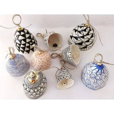 ceramic bell ornaments #pattern Suzanne Sullivan Ceramics, Ceramic Bell, Bell Ornaments, Pottery Classes, Ceramics Projects, Gongs, Ceramic Design, Clay Ceramics, Ceramic Clay