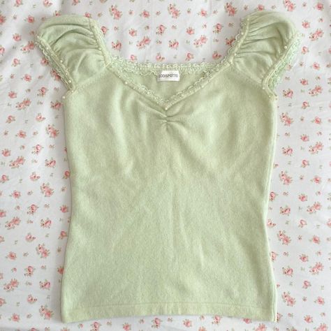 FROM JAPAN 🇯🇵   soft dainty light green top with sewn... - Depop Light Green Clothes, Green Top Outfit, Pearls And Lace, Pastel Outfit, Lace Trim Top, Pearl And Lace, Green Outfit, Green Top, Green Shirt