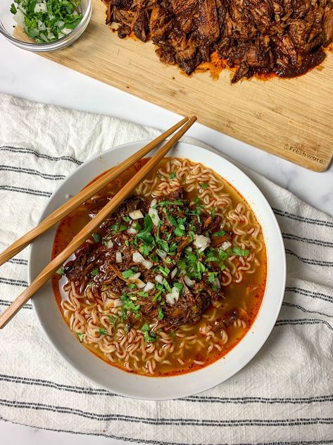 How to Make Birria Ramen  - Mrs.GinaCooks Soup Recipes Ramen, Birria Ramen Recipe, Holiday Soup Recipes, Quick Mexican Recipes, Beef Ramen Noodles, Recipes Ramen, Birria Ramen, Mexican Fusion, Holiday Soups