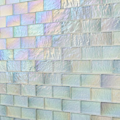 Sample-Splash Glacier White 2x4 Polished Glass Mosaic Tile Iridescent Tile Bathroom, Mermaid Tile Bathroom, White Glass Backsplash, Sea Glass Tile, Iridescent Decor, Mermaid Tile, Glass Tile Bathroom, Iridescent Glass Tiles, Iridescent Tile