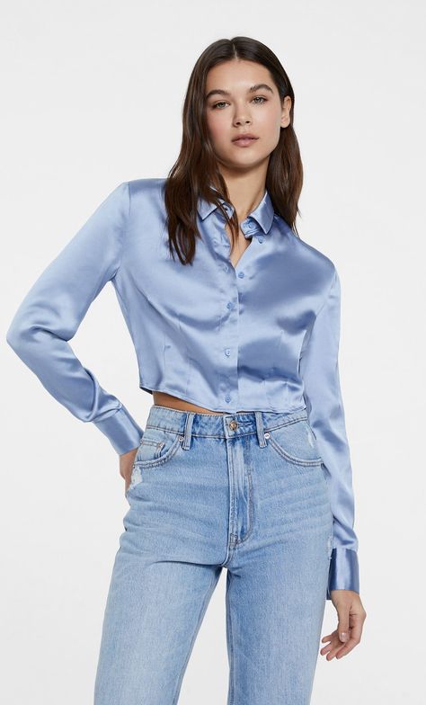 Short darted satin shirt - Women's fashion | Stradivarius United States Satin Crop Top, Satin Shirt, Collared Shirt, Business Outfits, Crop Shirt, Collar Shirts, Casual Outfit, Women's Fashion, Casual Outfits