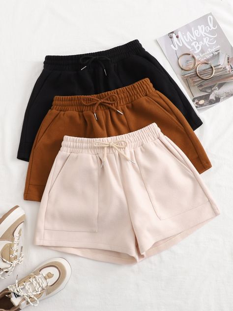 3pcs Slant Pocket Tie Waist Shorts Shorts Flatlay, Retail Photography, Clothing Photoshoot, Eminem Rap, Women Bottoms, Tie Waist Shorts, Trendy Outfits For Teens, Tomboy Outfits, Women Shorts