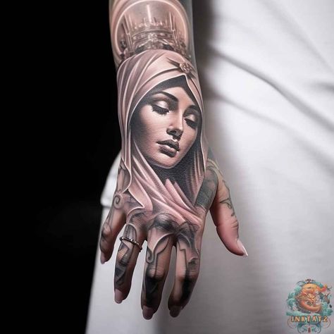 The Significance of the Virgin Mary Hand Tattoo: An Exploration of Religious Meaning – 41 Designs - inktat2.com Traditional Virgin Mary Tattoo Design, Roses With Rosary Tattoo Half Sleeves, Hail Mary Tattoo, Virgin Mary Hand Tattoo, Catholic Tattoos Sleeve, Virgen Mary Tattoo, Jesus Christ Tattoo, Mother Mary Tattoos, Virgin Mary Tattoo