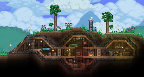 Terraria Cozy Cabin Cozy Terraria House, Terraria Cute House, Underground Terraria Base, Terraria Underground House Ideas, Terraria Hobbit Hole, Terraria Cabin, Terraria Underground Base, Terraria Underground House, Terraria Underground