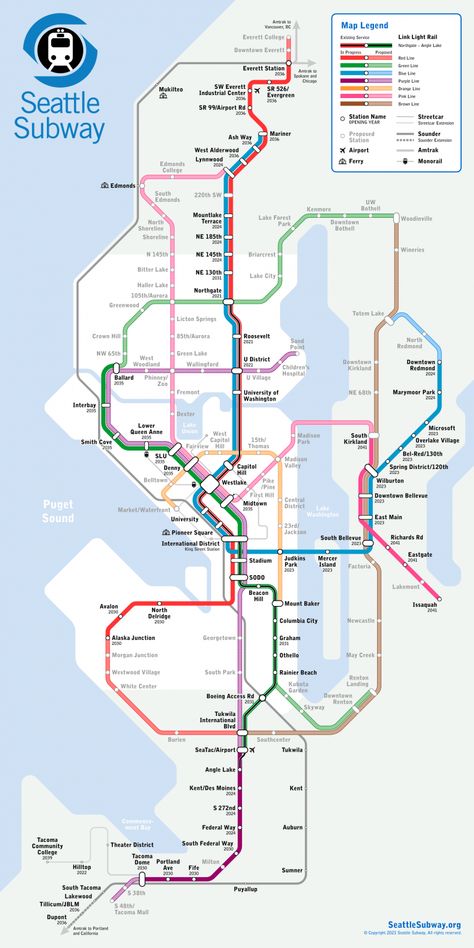 Seattle Subway’s 2021 Map Upgrades Light Rail Connections in Renton, Lynnwood, and Kirkland | The Urbanist Seattle Light Rail, Seattle Monorail, Metro Map Design, Public Transportation Design, Boston Subway Map, Subway Map Design, Ny Subway Map, New York City Subway Map, Seattle Map