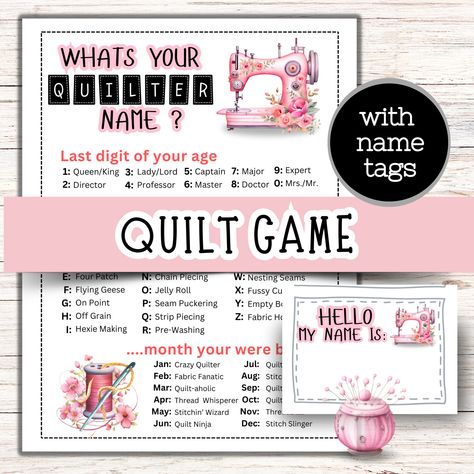 What's Your Quilter Name Game, Quilt Guild Games, Quilt Club, Retreat Activities, Retreat Planning, Quilting Games, Ice Breaker Game (pink) Games For Quilting Retreats, Quilt Guild Name Tag Patterns, Quilt Games, Quilt Guild Name Tags, Ice Breaker Game, Retreat Planning, Retreat Activities, Silly Names, Name Game