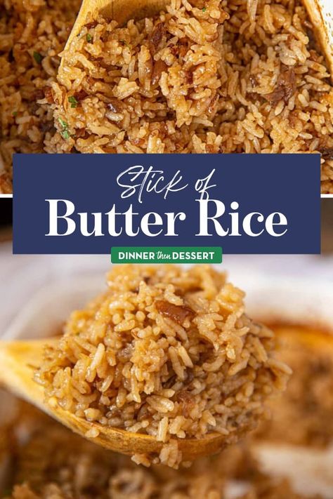 Stick of Butter Rice is a popular side dish made with beef broth and onions that's a creamy, holiday favorite. Try making this today! Stick Butter Rice, Onion Rice Recipe, Buttered Rice Recipe, Stick Of Butter Rice, Stick Rice, Rice Dishes Recipes, Butter Stick, Rice Side Dish Recipes, Facebook Recipes