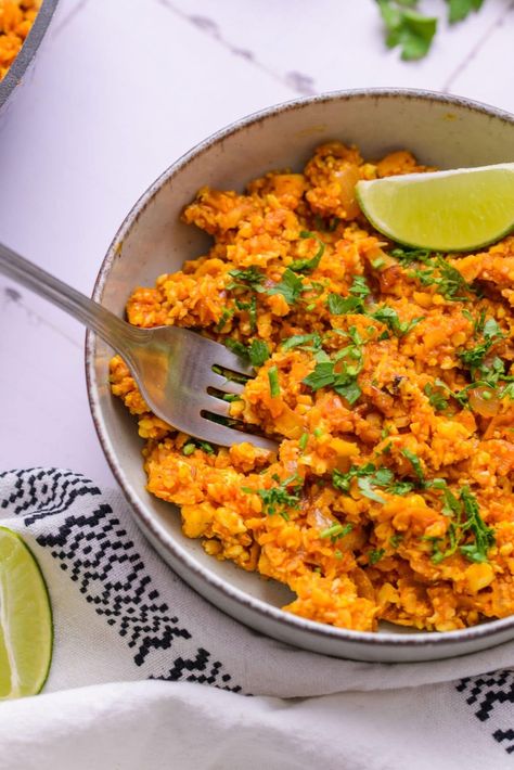 Spanish cauliflower rice Spanish Cauliflower Rice Easy, Spanish Cauliflower, Spanish Cauliflower Rice, Mexican Cauliflower Rice, Cauliflower Rice Easy, Cilantro Seeds, Veggie Stock, Spanish Rice, Roasted Carrots