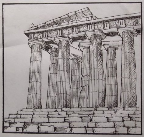 Athena Temple Drawing, Parthenon Sketch Simple, Greek Temple Drawing, Greek Plates, Greek Parthenon, Temple Of Athena, Greek Drawing, Greek Temples, Temple Drawing