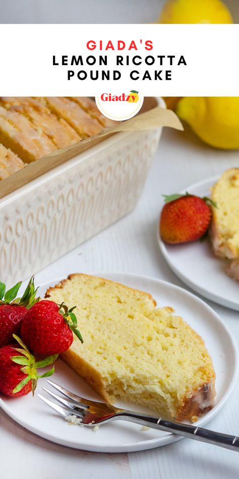 Lemon Ricotta Pound Cake Giada, Italian Lemon Pound Cake Recipe, Ricotta Cheese Pound Cake Recipes, Lemon Ricotta Loaf Cake, Giada Dessert Recipes, Lemon Ricotta Bread Recipe, Lemon Ricotta Loaf, Lemon Cello And Ricotta Cake, Lemon Ricotta Bread