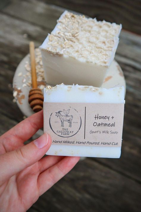 One of our best sellers - Honey + Oatmeal Goat's Milk Soap is a farmhouse favorite! This unscented bar is jam-packed full of nutrients for your skin, including raw local honey, colloidal oatmeal, and of course creamy and nutrient-dense goat's milk! This bar is highly recommended for those suffering with dry skin. DISCL Homemade Soap Bars Packaging, Sheeps Milk Soap, Homemade Soap Aesthetic, Handmade Soaps Diy, Soap Labels Ideas, Soap Packing Ideas, Goat Butter, Oat Soap, Handmade Soap Ideas