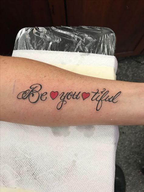 Be you tiful lettering tattoo Be You Tiful Tattoo, Tattoo Calligraphy, Ombre Eyebrows, Magic Runes, Prayers Of Encouragement, Quote Tattoos, White Ink Tattoo, Jen Jen, Lettering Tattoo