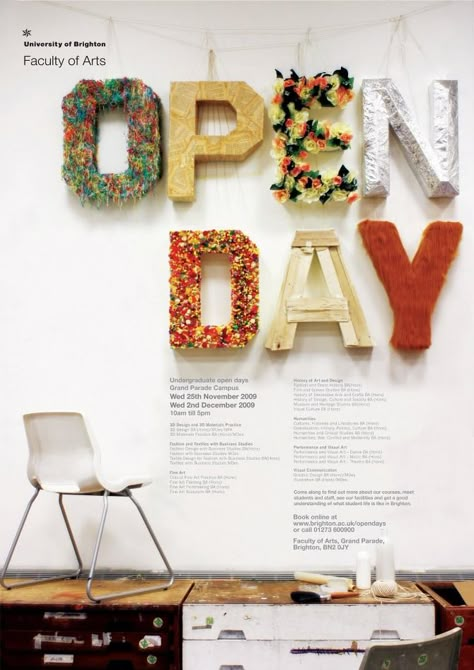 University Open Day, Prospectus Design, Work Event Ideas, Poster Examples, Typography Ads, Web Design Books, University Marketing, Event Layout, Eco Art