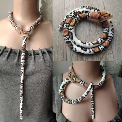 Beaded Snake Pattern, Bead Snake, Golden Japanese, Beaded Snake, Necklace Tie, Loom Necklace, Beaded Tie, Colorful Snakes, Prom Necklaces