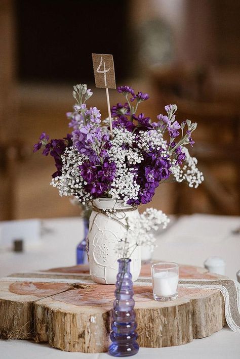 rustic wedding centerpieces white mason jar with lilac flowers and baby breath erin morrison photography Deco Violet, Purple And White Flowers, Plum Wedding, Tafel Decor, Wedding Colors Purple, Lilac Wedding, Wedding Floral Centerpieces, Purple Wedding Flowers, Rustic Wedding Centerpieces