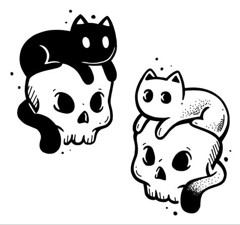 Cat And Skull Tattoo, Skull Tattoo Designs, Skull Tattoo, Tattoo Designs, Black And White, Tattoos, White, Black