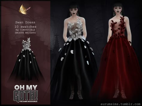 The Sims Resource - Oh My Goth - Swan Dress Gown With Feathers, Victorian Gothic Dress, Sims 4 Cc Goth, Gothic Gowns, Vampire Dress, Swan Dress, Sims 4 Dresses, Sims 4 Downloads, Sims 4 Cc Packs