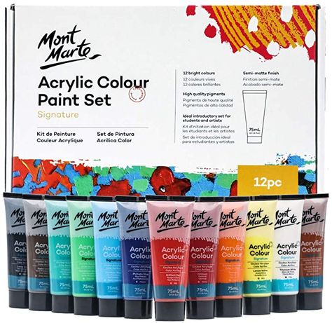 Mont Marte Signature Acrylic Colour Paint Set, 12 x 75ml (2.5oz), Semi-Matte Finish, 12 Colours, Suitable for Most Surfaces Including Canvas, Card, Paper and Wood: Amazon.ca: Home & Kitchen Layer Paint, Journal Supplies, Acrylic Paint Set, Titanium White, Journal Stationery, Marker Art, Paint Set, Acrylic Colors, Stationery Supplies