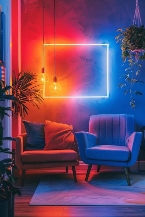 Street Style Living Room, Neon Lounge, Neon Lights Aesthetic, Style Living Room Ideas, Luxury Living Room Ideas, Industrial Lounge, Elegant Throw Pillows, Personal Retreat, Home Studio Setup