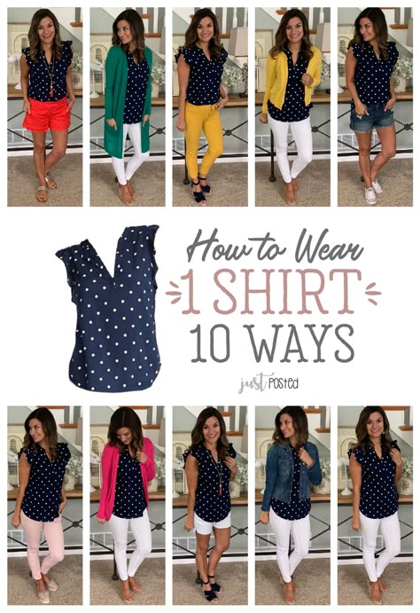 How to Wear 1 Navy Polka Dot Shirt 10 Different Ways - This polka dot shirt is so affordable and easy to dress up or down and style in so many different ways! It's a great basic piece to wear to work and it is a perfect item for spring or summer and for a capsule wardrobe. Winter Camping Outfits, Mode Ab 50, Teaching Outfits, Capsule Outfits, Summer Work Outfits, Polka Dot Shirt, Camping Outfits, Work Attire, Top Ten