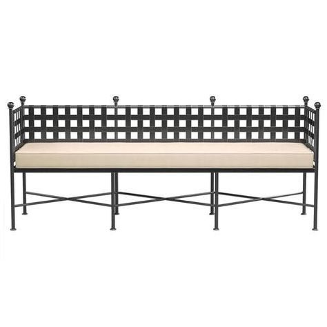 Sunset West Provence French Beige Sunbrella Cushion Metal Outdoor Garden Bench | Kathy Kuo Home Iron Furniture Outdoor, Metal Outdoor Bench, Bistro Dining Table, Outdoor Garden Bench, Wrought Iron Patio Chairs, French Country Furniture, Bench Seat Cushion, Outdoor Loveseat, 7 Piece Dining Set