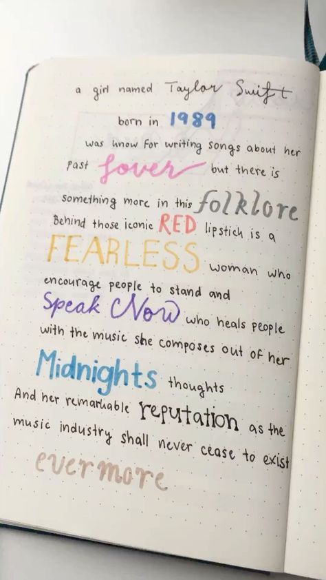 Taylor Swift Lyrics Journal Ideas, Drawings Of Songs, Taylor Swift Album Journal Page, Taylor Swift Bujo Ideas, Taylor Swift Code Breaker, Taylor Swift Bullet Journal Ideas, Taylor Swift Journaling, Taylor Swift Things To Make, Taylor Swift Notebook Ideas