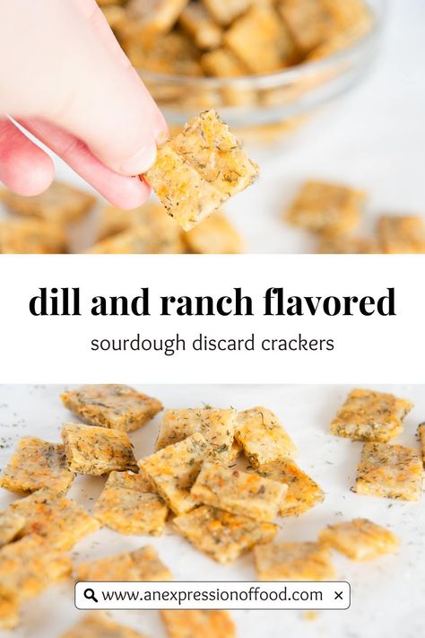 These dill and ranch-flavored sourdough discard crackers, are super easy to make! They are loaded with flavor, and the perfect amount of saltiness, and are cooked to crispy perfection! These easy crackers make a great snack, and are perfect for game day, movie night, or any time! Crackers Using Sourdough Discard, Sourdough Discard Crackers Easy, Sourdough Discard Crackers Recipes, Flavored Sourdough, Easy Crackers, Sourdough Discard Crackers, Discard Crackers, Ranch Crackers, Sourdough Crackers