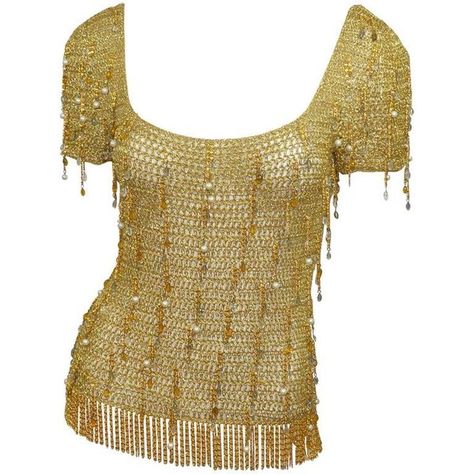 Preowned Loris Azzaro 1970s Vintage Gold Knit Chain Top ($1,000) ❤ liked on Polyvore featuring tops, blouses, brown, gold top, brown top, gold beaded top, fringe top and azzaro Loris Azzaro, 90s Y2k Fashion, Slim Aarons, Golden Birthday, Chain Top, Vintage Clothes Women, Beaded Top, Cream Lace, College Fashion