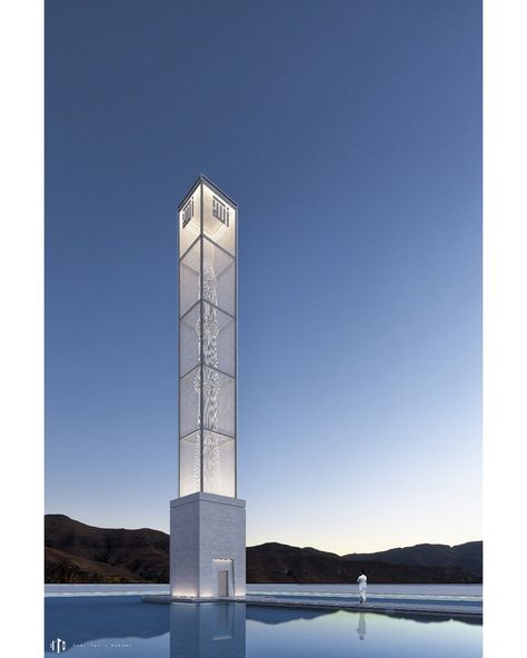 Modern Minaret design The concept of this design is to create a simple and modern minaret that originates from the original shape of a traditional minaret with the emphasis of Nur (light). First Place winner for the Bunyan Global architectural competition in the Islamic Context 2019 - Designed by Omar Tariq Othman Minaret Design, First Place Winner, Biophilic Architecture, Monument Signs, Mosque Design, Architectural Competition, Mosque Architecture, Tower Design, Architecture Concept Drawings