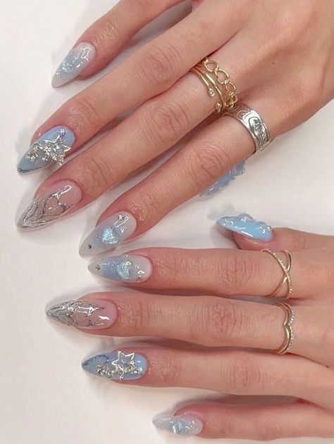 Water Drops Nails, Blue Aesthetic Nails, Dusty Blue Nails, Purple And Silver Nails, Blue And Silver Nails, Pattern Nail Art, Nails 3d, Formal Nails, Cute Nail Art Designs