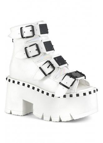 Demonia Collection, White Platform Sandals, Alternative Shoes, Chunky Ankle Boots, Demonia Shoes, Metal Plates, Silver Chrome, Bootie Sandals, Platform Ankle Boots