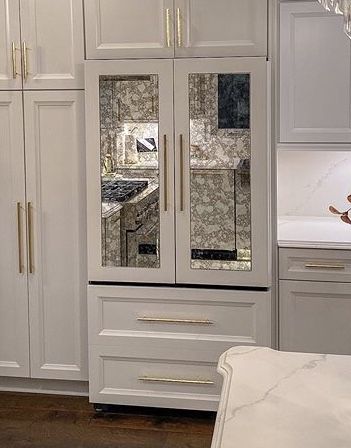 Mirror Fridge Doors, Cabinet Ready Refrigerator, Hidden Refrigerator Cabinet, Mirrored Refrigerator Doors, Kitchen Remodel Fridge Cabinet, Mirror Refrigerator Doors, Fridgerator Cabinet Ideas, Cabinet Faced Refrigerator, Hidden Fridge Built Ins