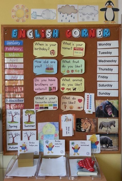 English Pictures Ideas, English Corner Ideas, English Corner Decoration School, English Board Ideas, English Corner Classroom Ideas, Classroom Corner, English Primary School, Ingles Kids, Teacher Corner