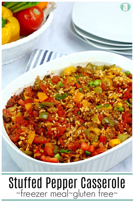 Stuffed Pepper Freezer Meals, Green Pepper Freezer Recipes, Stuffed Pepper Bowl Recipes, Gluten Free Freezer Meals Make Ahead, Recipes With Red And Green Peppers, Red Pepper Casserole, Freezer Meal Stuffed Peppers, Freezer Meals Make Ahead Hamburger, Gluten Free Freezer Meals Casserole