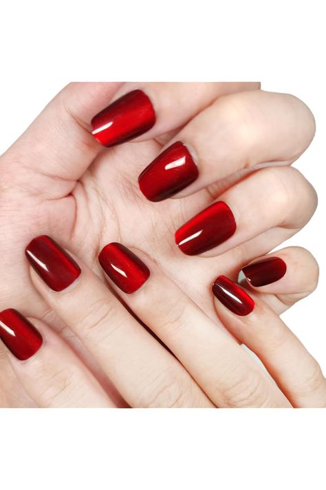 Cat Eye Nails Short Squoval, Shimmery Ruby Red, Small Size Press on False Nails, 24 Reusable Fake Nails With Stick on Adhesive Tabs Cat Eye Nails Short, Short Squoval, Eye Nails, Cat Eye Nails, Nails Short, False Nails, Ruby Red, Fake Nails, Cat Eye