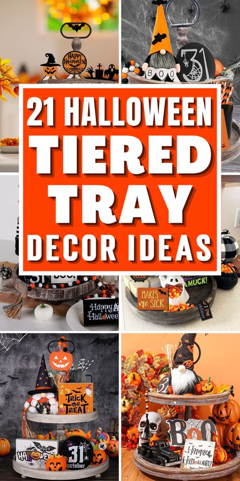 Get ready for the spooky season with our hocus pocus Halloween tiered tray decor ideas! Discover the perfect mix of fall decorations to elevate your Halloween decorations. From whimsical witches and ghostly gourds to hauntingly adorable black cats, these Halloween-inspired tiered tray displays will elevate your seasonal decorations to new heights. Use these fall-tiered tray ideas for Halloween table decor. Make sure to try these pumpkin decorations for your upcoming Halloween party. Halloween Decorations Tiered Tray, Halloween Table Display Ideas, Two Tier Tray Decor Halloween, Halloween Three Tiered Tray, Tiered Halloween Tray, 3 Teir Trays Decor Halloween, 3 Tier Stand Halloween Decor, Halloween Decorative Tray, Halloween 3 Tiered Tray Decor