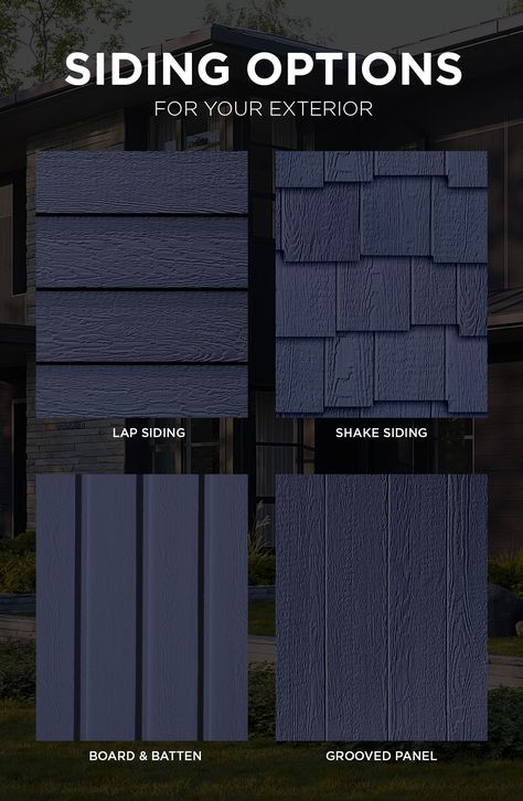 The color of your siding makes a big impact, but the type of siding you choose brings your exterior to life. Lap siding, shake siding, board and batten, and vertical siding are popular exterior siding options. House Siding Makeover, Navy Blue Vertical Siding, Grey Vertical Siding Exterior, Lp Board And Batten Siding, Lap Siding And Board And Batten, Diy Board And Batten Siding Exterior, Vinyl Siding Ideas Exterior Colors, Certainteed Vinyl Siding Color Schemes, Navy Siding Exterior