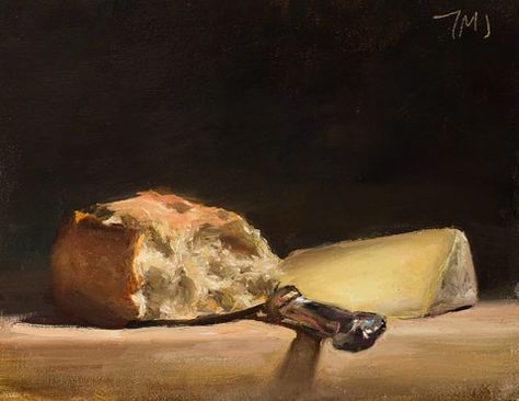 daily painting titled Still life with Bread, cheese and knife - click for enlargement A brilliant work found without credit to the artist. ...and now I'm hungry Bread Painting, Paintings Still Life, Food Paintings, Cheese Art, Composition Ideas, Bread Cheese, Cheese Spreaders, Rustic Bread, Survival Horror