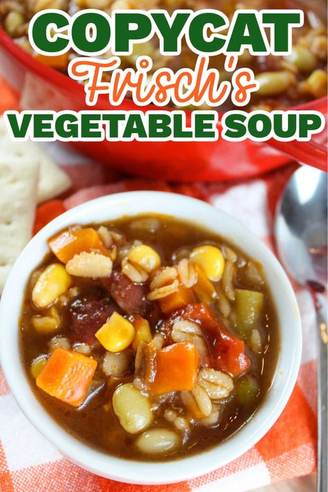 Frisch's Vegetable Soup is a delicious comforting soup that is super healthy and perfect year round! Loaded with vegetables - it's actually not vegetarian though...find out the secret ingredient below. via @foodhussy Copycat Campbells Vegetable Soup, Can Vegetable Soup Recipes, Old School Vegetable Soup, Copycat Vegetable Soup, Copycat Frischs Vegetable Soup, Frisches Vegetable Soup, No Tomato Vegetable Soup, Vegetable Soup With Frozen Vegetables, Vegtebales Soup