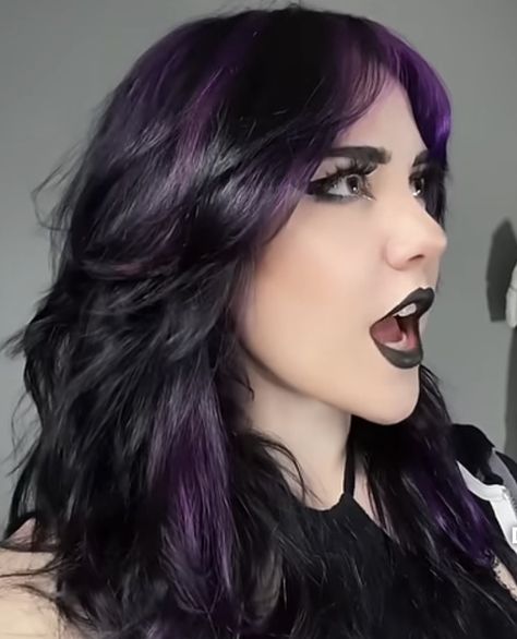 Short Black Hair Purple Highlights, Dimensional Purple Balayage, Black With Purple Highlights Hair, Black With Purple Streaks, Gothic Haircut Long, Purple On Top Black On Bottom Hair, Black Hair With Light Purple Highlights, Plum Hair Streaks, Long Black And Purple Hair