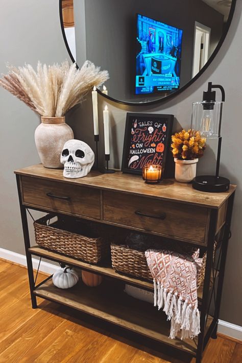 Entryway Halloween Decor, Halloween Entry Table, Neutral Halloween Decor, Minimalist Halloween Decor, Neutral Halloween, Minimalist Halloween, Table Inspiration, Spooky Decor, Entry Table