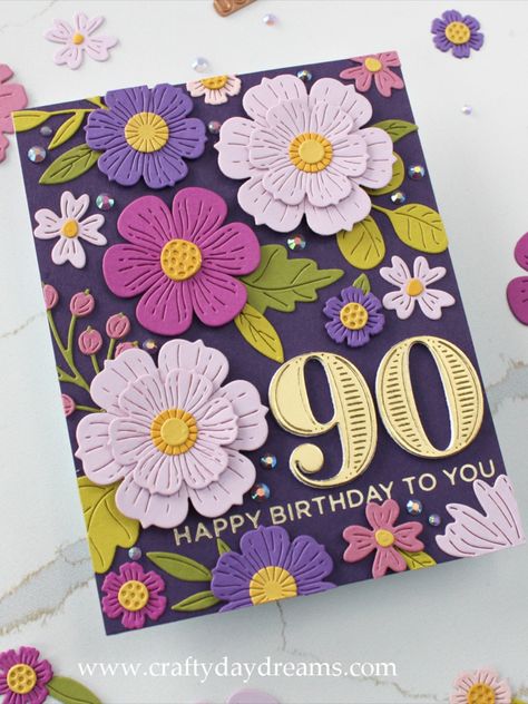 Purple Birthday Card, 90th Birthday Card, Flowers Paper Craft, 90th Birthday Cards, Make Paper Flowers, Card Making Templates, Purple Cards, Easy Paper Flowers, Flowers Paper